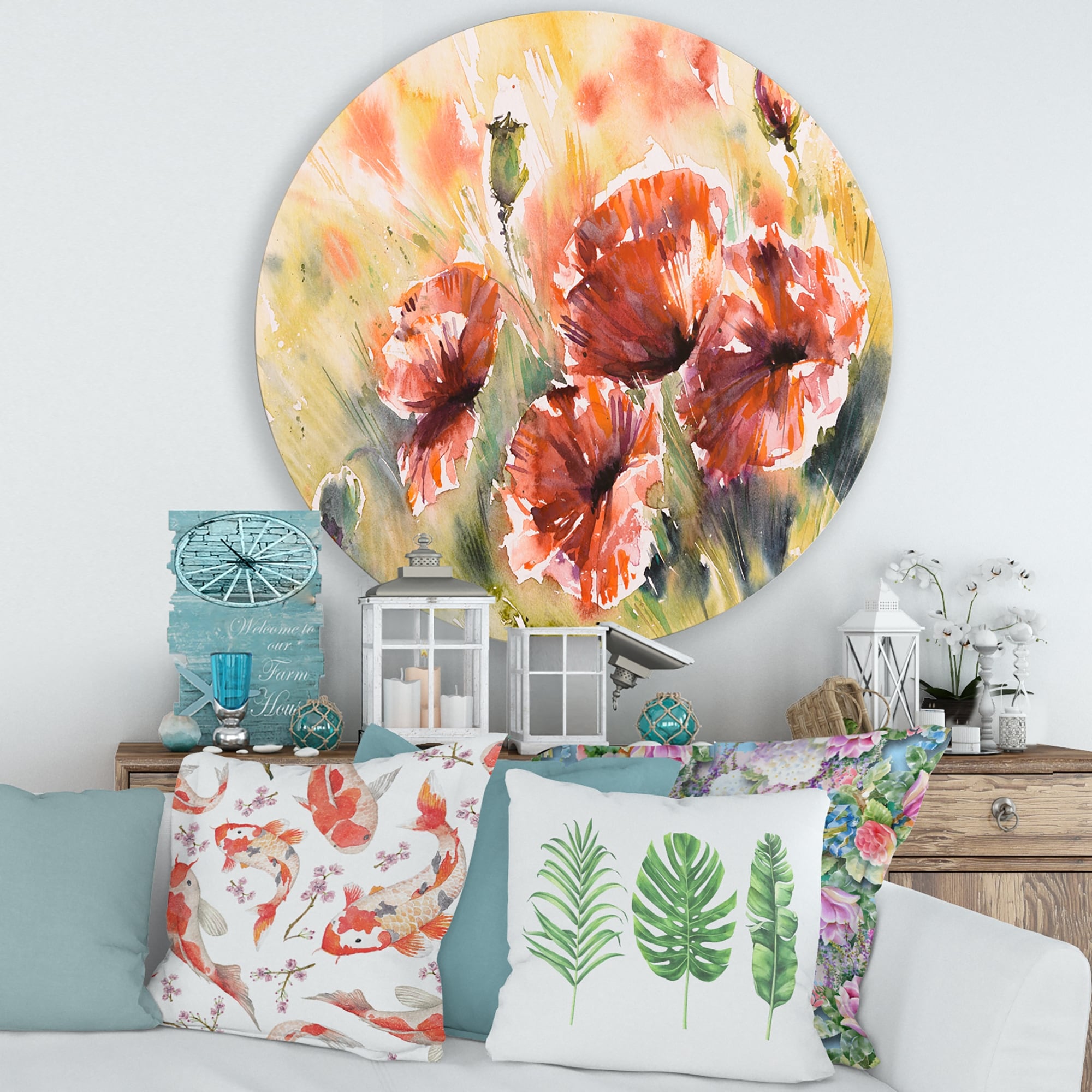 Designart 'Red Poppy On A Field' Traditional Metal Circle Wall Art Bed  Bath  Beyond 33359393