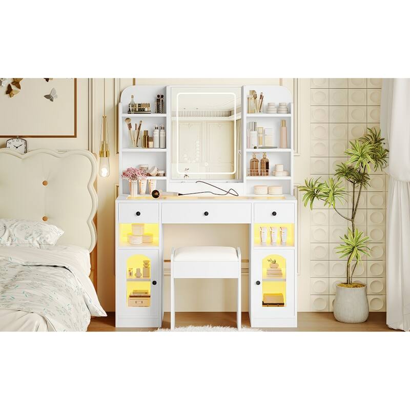 Roomfitters 43.2" Makeup Vanity Desk with LED Lighted Mirror, Glass Door Cabinets, Charging Station and Stool