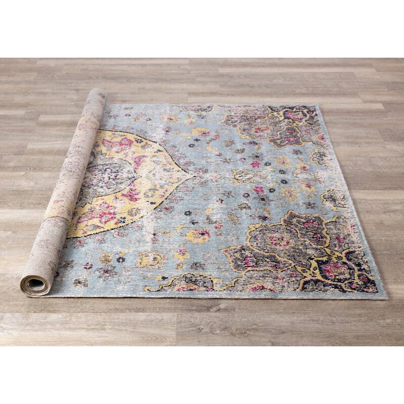 Spring Collection - Blue/Yellow Vintage Medallion Indoor/Outdoor Rug