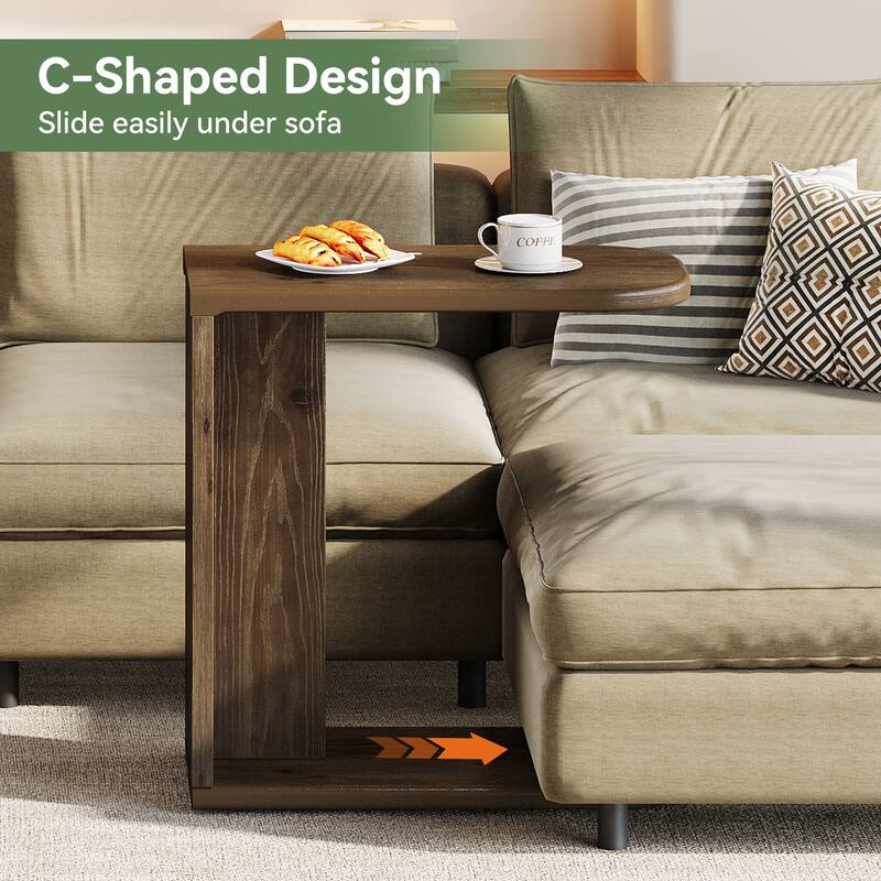 Solid Wood C-Shaped End Table, Sofa Couch Side Snack Accent Table, Living Room Bedroom Couch Table