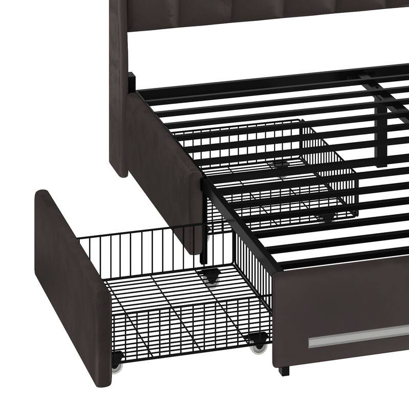 Moasis King Size Velvet Platform Bed with 4 Drawers,Bed Frames with RGB Light & Built-in Charging Station