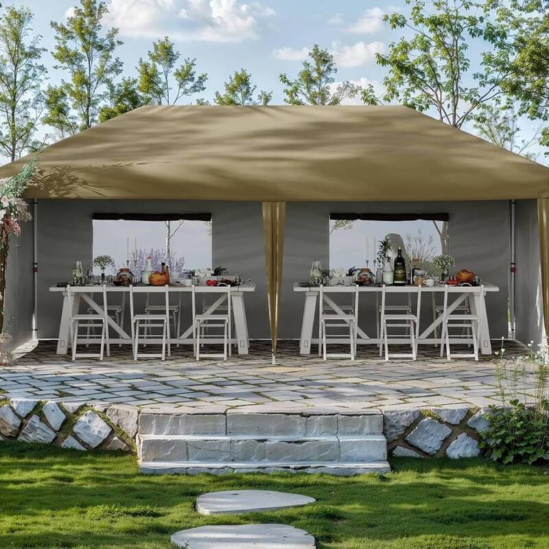 10X20 Pop Up Canopy Tent with 4 Sidewalls for Events, Parties, Camping - Tan