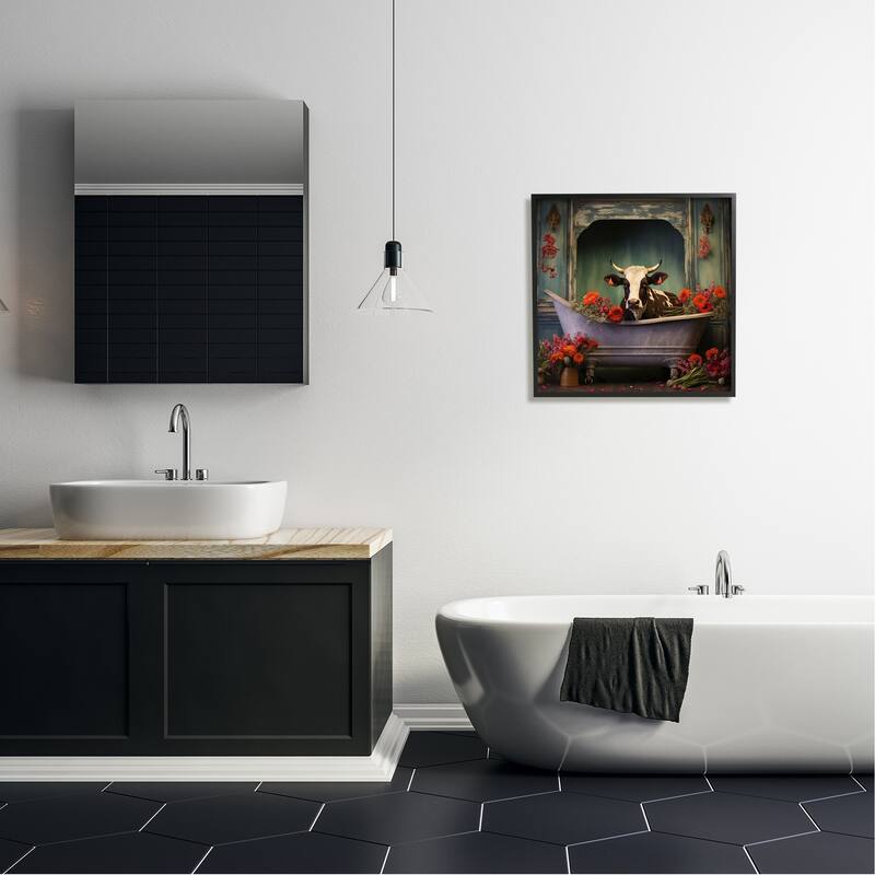 Stupell Cow in Vintage Floral Tub Framed Giclee Art Design by Lazar Studio