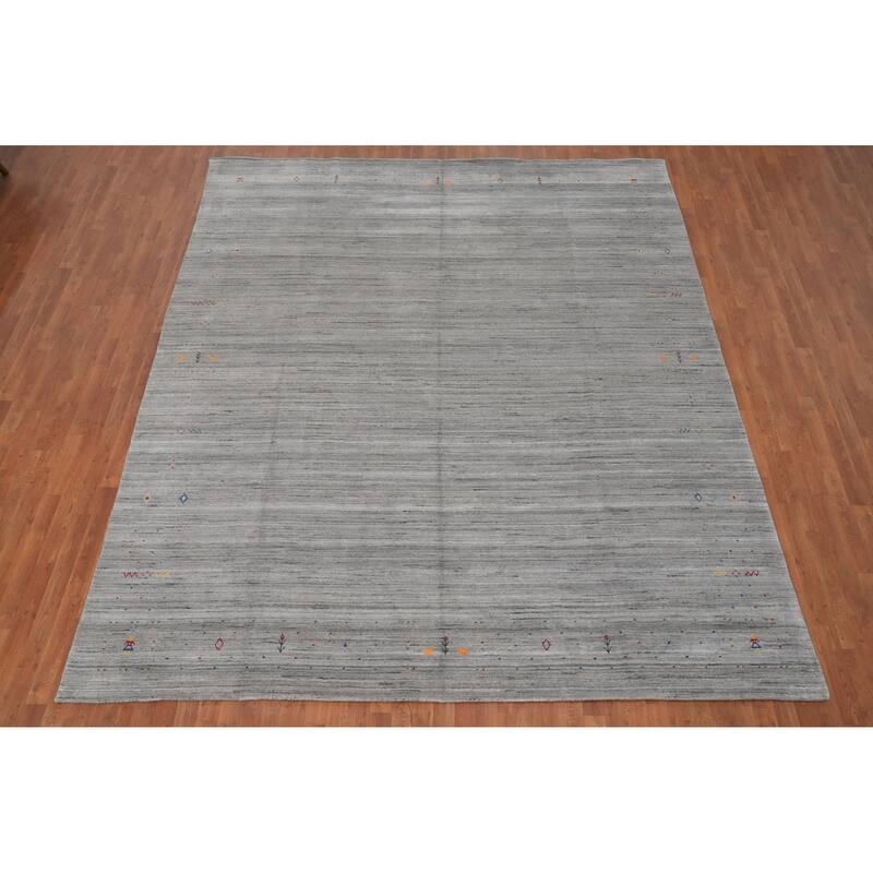 Hand Knotted Oriental Viscose Silk Carpet Tribal Animal Pictorial Greys & Charcoal Gabbeh Area Rug - 11' 10'' X 9' 11''