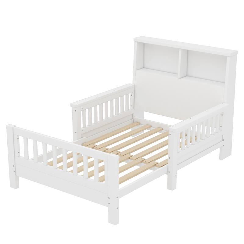White Twin Platform Bed with Pull-Out Storage Headboard & Safety Rails!