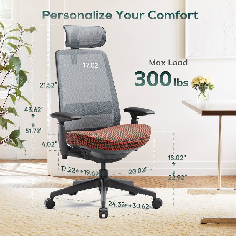 Ergonomic Office Chair, Mesh High Back, 4D Arms, Lumbar Support, Coral