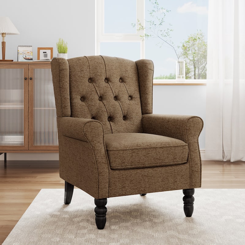 Modern Button Tufted Wingback Accent Chair Upholstered Armchair - Brown-Chenille