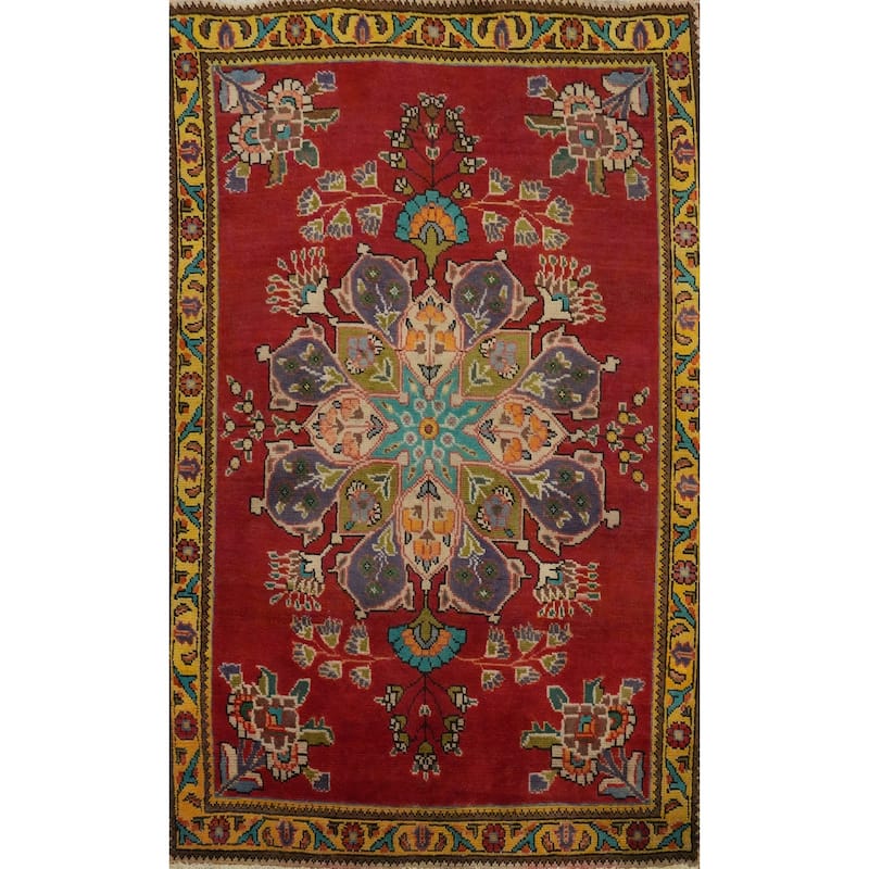 Hand Knotted Oriental 100% Wool Carpet Traditional Floral Red Tabriz Area Rug - 4' 8'' X 3' 2''