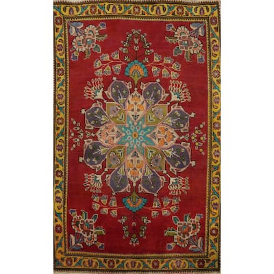 Hand Knotted Oriental 100% Wool Carpet Traditional Floral Red Tabriz Area Rug - 4' 8'' X 3' 2''