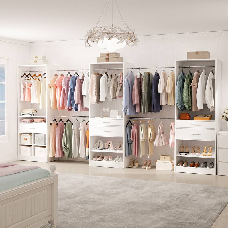 Rhezo 69"-145" W Closet System With 5 Wooden Drawers and 6 Hanging Rods,Walk-in Closet Organizer with Shoe Rack and Storage Cube