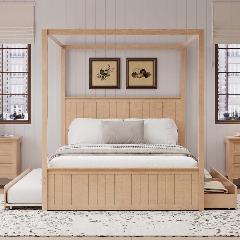 Modern Queen Size Canopy Platform Bed with Trundle and Three Storage Drawers,4-Post Solid Wood Bed Frame with Headboard