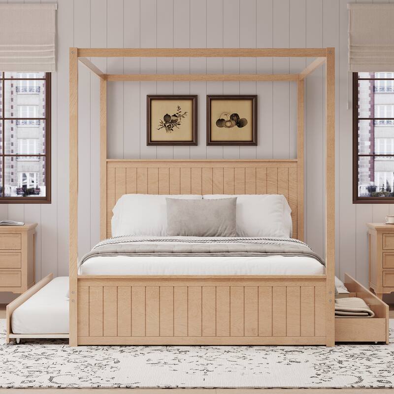 Queen Size Canopy Platform Bed with Trundle Bed and 3 Storage Drawers, Wood Frame Four Poster Bed with Striped Headboard - Natural - Queen