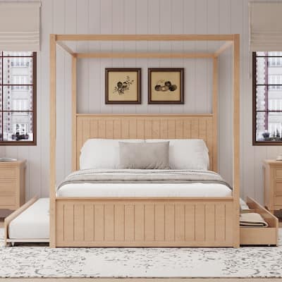 Queen Size Canopy Platform Bed with Trundle Bed and 3 Storage Drawers, Wood Frame Four Poster Bed with Striped Headboard