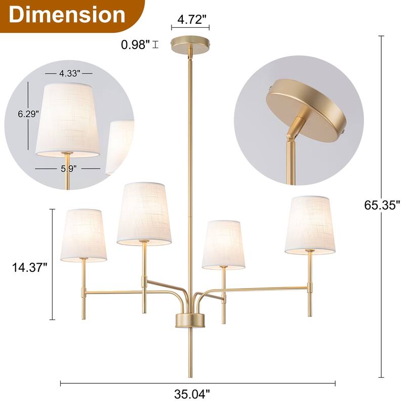 Starsky Transitional & Modern Chandelier with White Fabric Shades - 4-Light - white