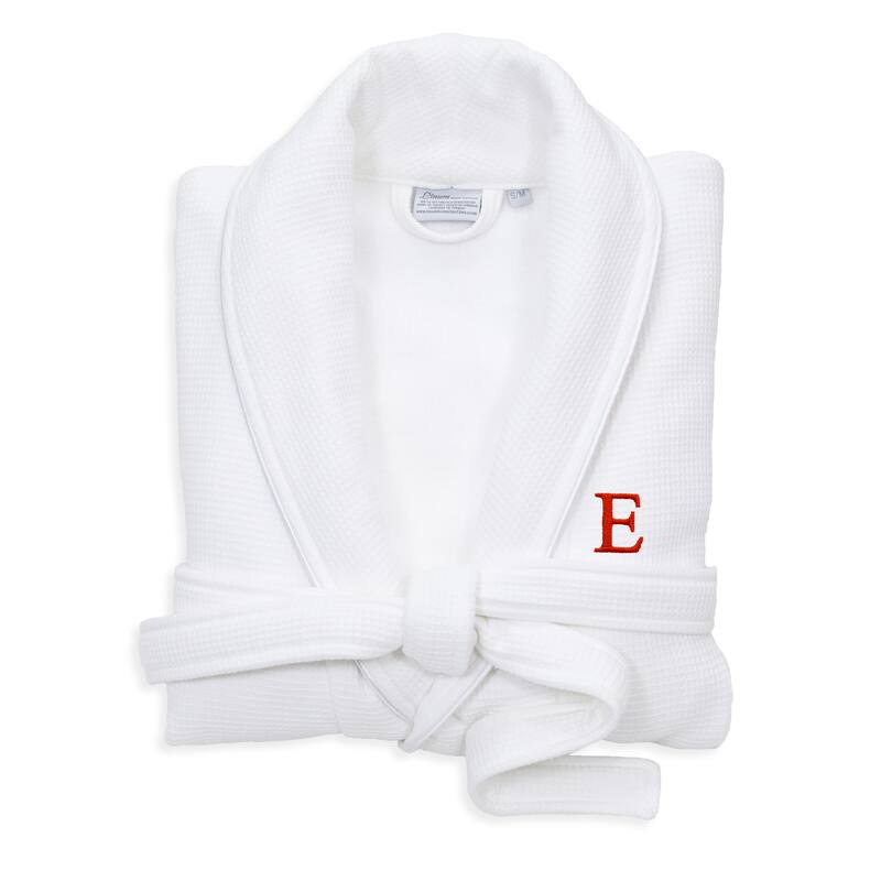 Authentic Hotel and Spa White Unisex Turkish Cotton Waffle Weave Terry Bath Robe with Red Block Monogram - S/M - E