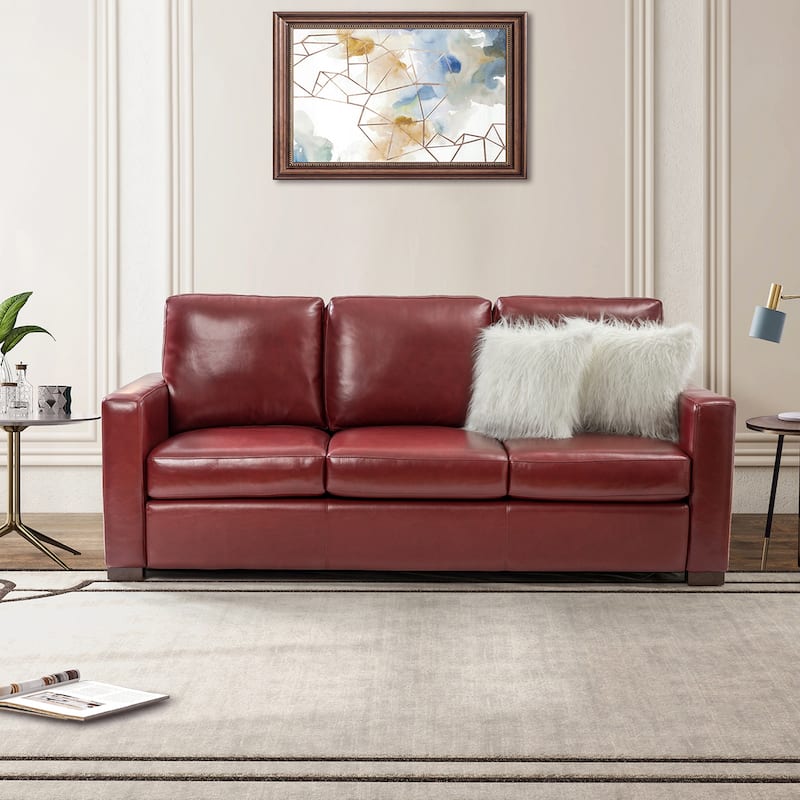 Ernando 83.46" Wide Genuine Leather Sofa with Squared Arms and Pillows