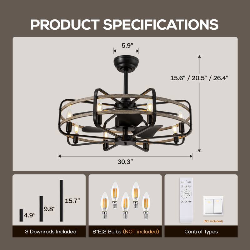 Industrial Black Caged Vintage Chandelier Ceiling Fan with Lights and Remote Control