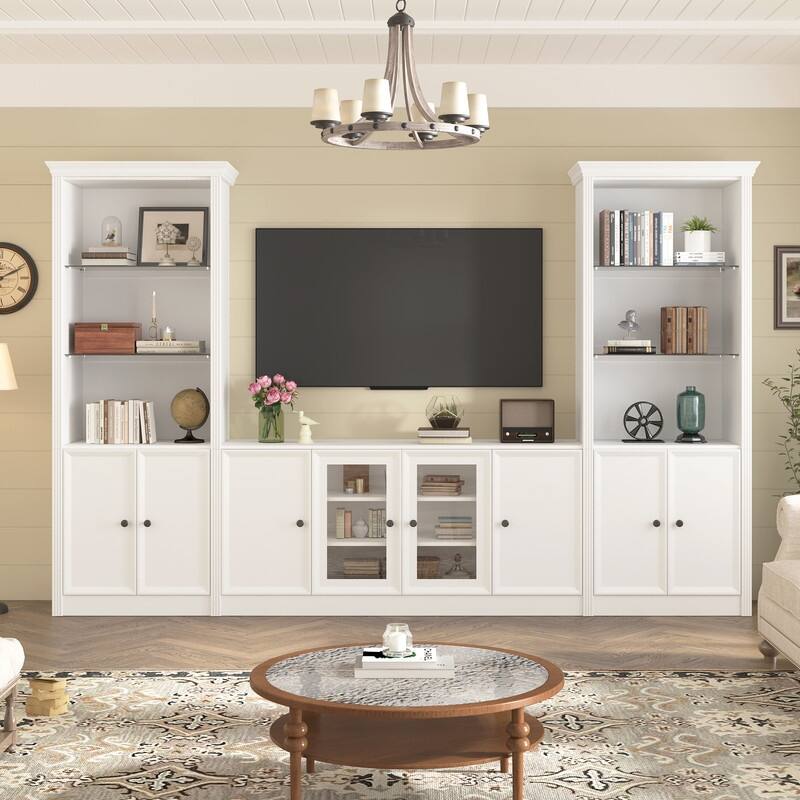 Modern 128.2" Wall Unit Entertainment Center for TVs up to 80", TV Stand Media Console with Bookshelves and Glass Cabinets - White