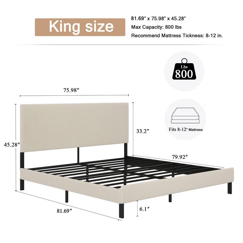 Roomfitters King Size Platform Bed Frame with Upholstered Headboard, Heavy Duty Metal Foundation, Elegant Style, Beige
