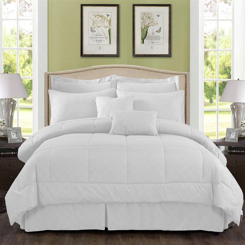 10-piece Solid Plaid Comforter Set - White - King