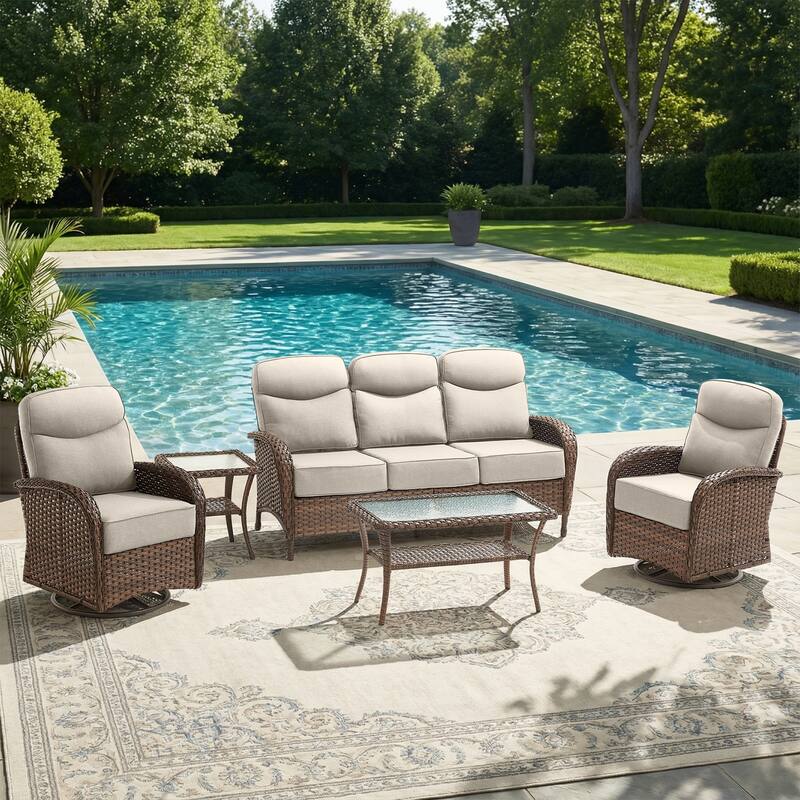 Pocassy Outdoor Wicker Patio Sofa with Swivel Chair Ottoman Sets - Brown Wicker Beige Cushion - 5-Piece Sofa Swivel Chair with Table
