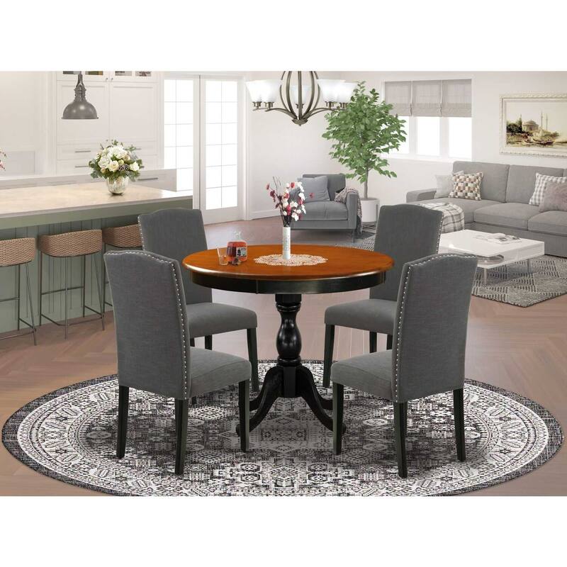 HomeStock 5-Piece Round Black and Cherry Finish Solid Wood Top Dining table with 4 Chairs