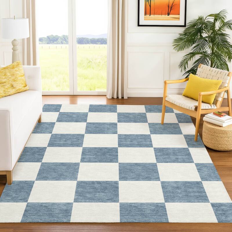 Machine Washable Indoor/ Outdoor Modern Checker Chantille Rug