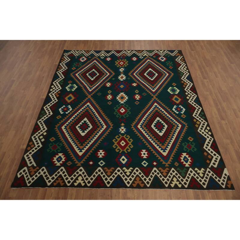 Hand Woven Oriental 100% Wool Carpet Southwestern Tribal Green Kilim Area Rug - 10' 2'' X 8' 5''