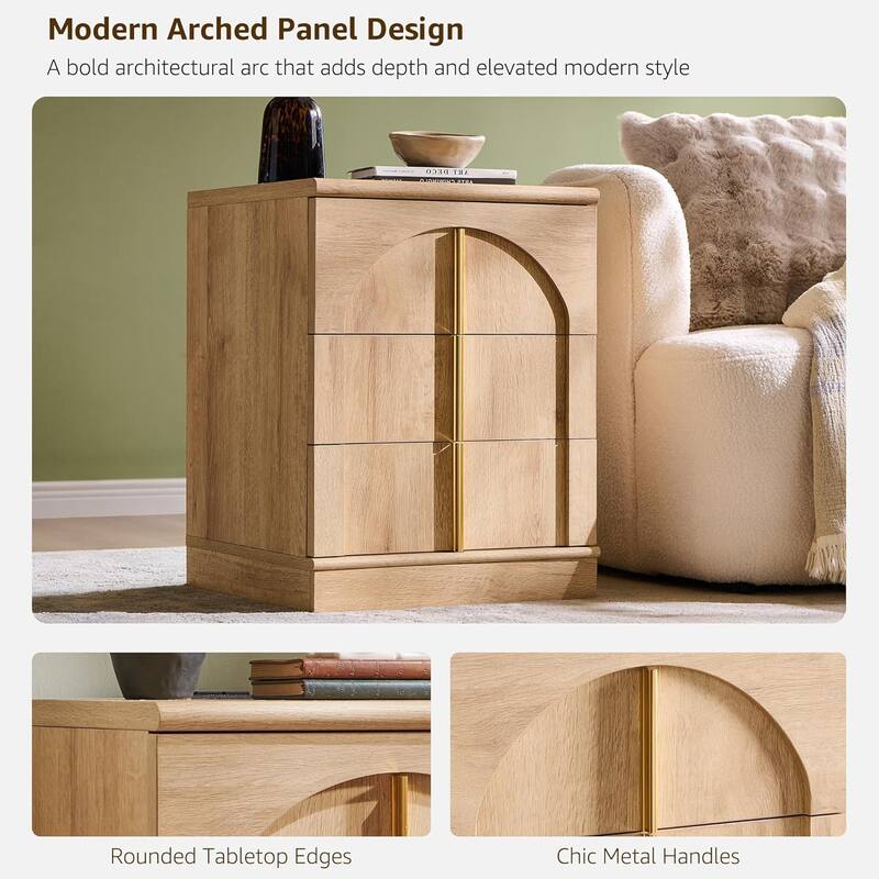 Modern Arched 3 Drawers Nightstand with Charging Station, Side Table
