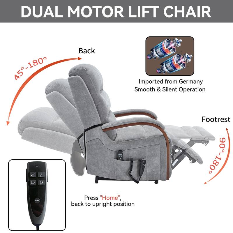 Roomfitters Dual Motor Power Lift Recliner, Infinite Position Massage Chair with Solid Wood Armrests, Chenille