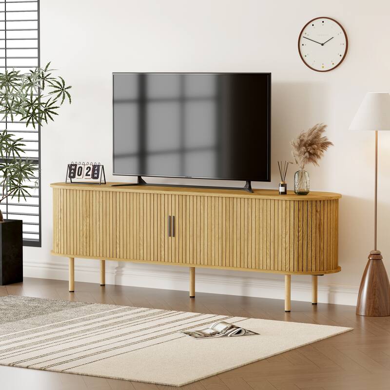 70.1" Modern TV Stand with Sliding Doors and Storage Compartments, Entertainment Console Cabinet