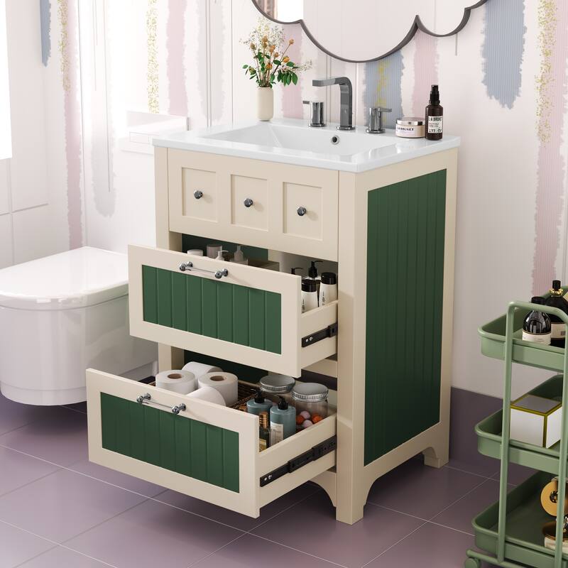 Bathroom Vanity with Ceramic Sink, Bathroom Storage Cabinet with 2 Drawers, Bathroom Vanity Set with Solid Wood Frame