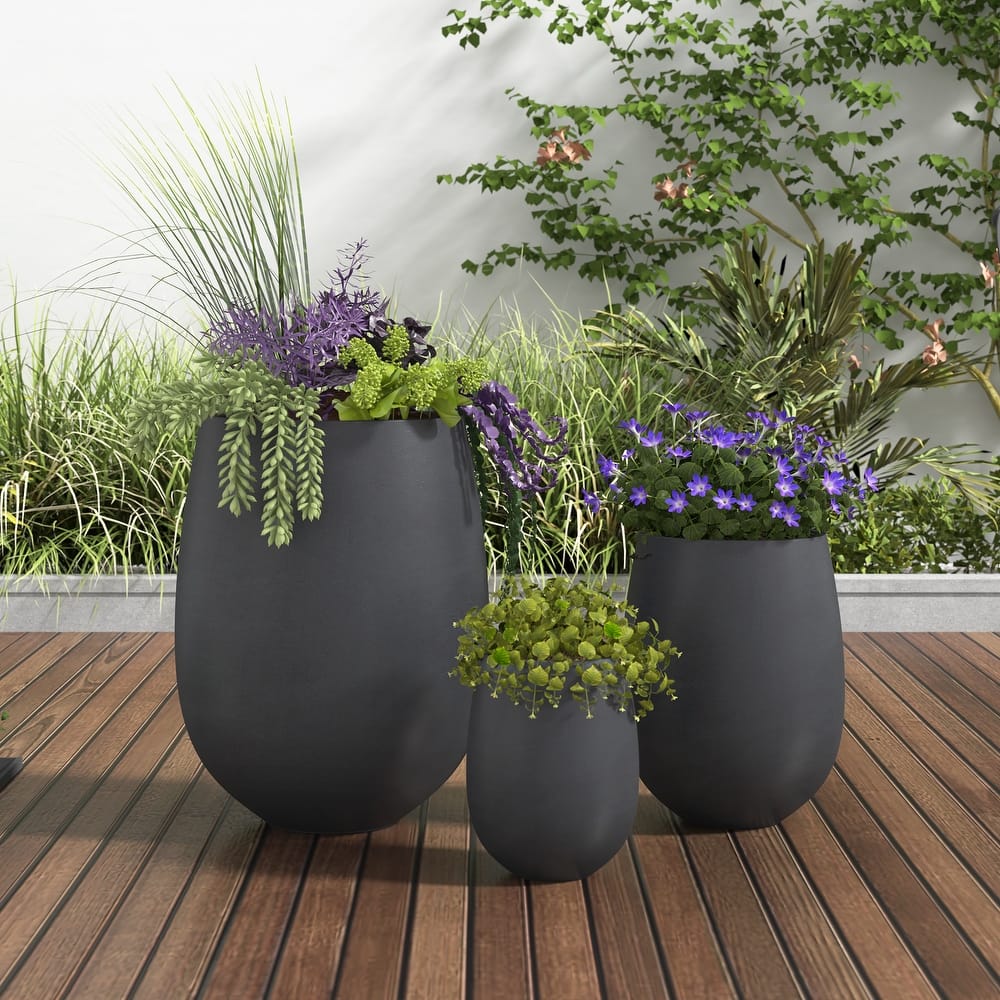 Lightweight Round MGO Outdoor Planter Set-3 Sizes (15.6"/10.74"/7.3"),Large Outdoor Indoor Flower Pots with Drainage Hole