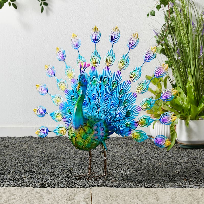 Glitzhome Metal Standing Peacock Garden Statue with Stakes for Indoor Outdoor