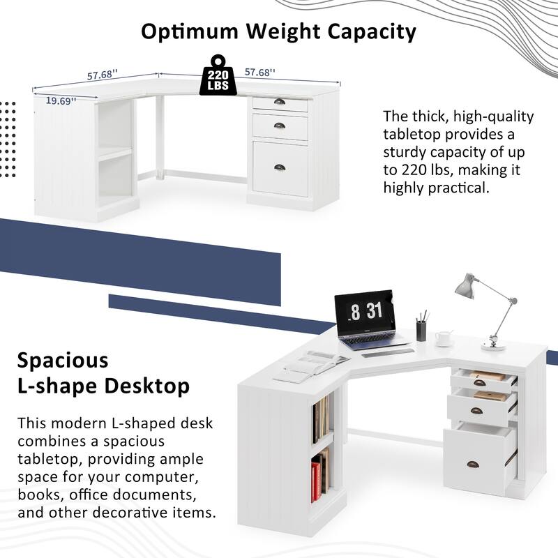 Modern L Shaped Executive Office Desk with 3 Drawers and Open Shelves for Home Office or Study Room Use