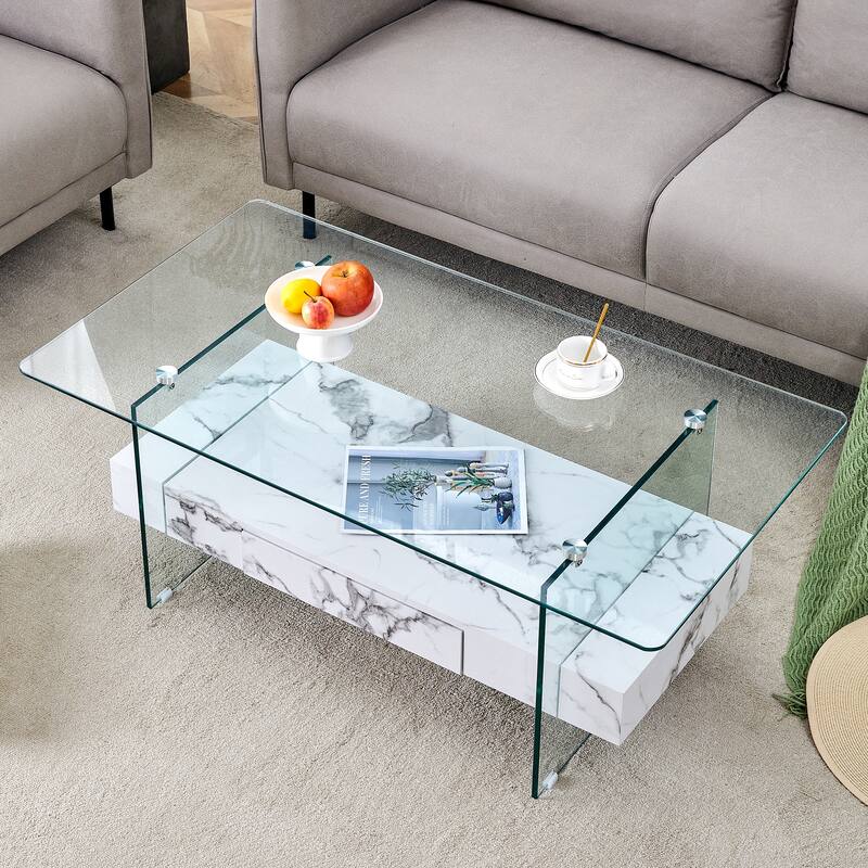 43.3 Inch Modern Two-Tier Coffee Table - Clear Tempered Glass and White Marble Texture, Multifunctional Storage Design.T - White