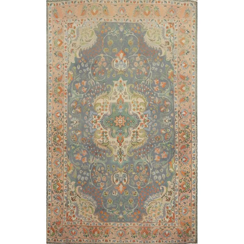Hand Knotted Oriental 100% Wool Carpet Traditional Floral Greys & Charcoal Tabriz Area Rug - 9' 6'' X 6' 8''