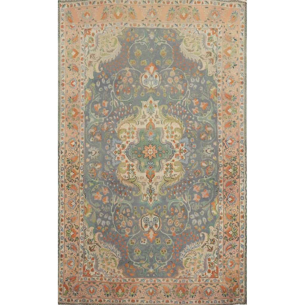 Hand Knotted Oriental 100% Wool Carpet Traditional Floral Greys & Charcoal Tabriz Area Rug - 9' 6'' X 6' 8''