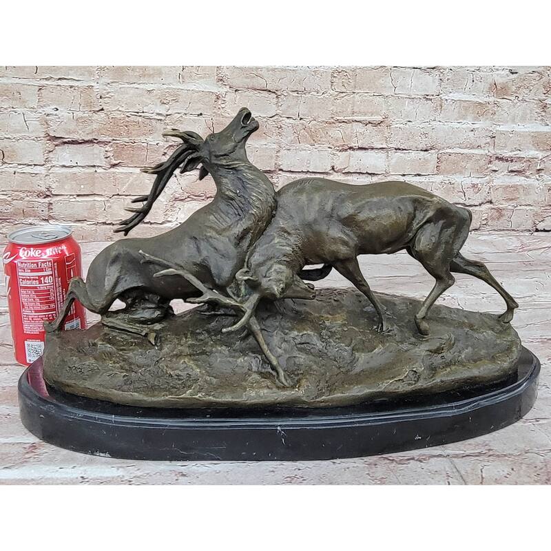 Two Elk Fighting Bronze Sculpture Animal Wildlife Marble Base Figurine Figure