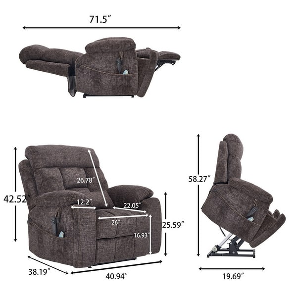 dimension image slide 1 of 3, Overstuffed Chenille Power Lift Recliner,Lay Flat 71.5 " Length, Dual Motors Recliner with Massage/Heat Infinite Position