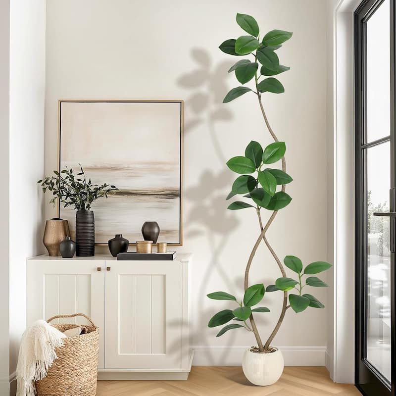 Artificial Plant Faux Fiddle Leaf Fig Tree with Off White Sphere Resin Planter
