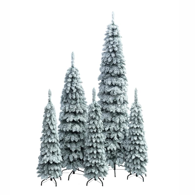 8FT,6FT,4FT x 3 Pre-Lit Pencil Christmas Trees, 5-set Slim Artificial Christmas Tree With Snow Flocking, with 11 Lighting Modes