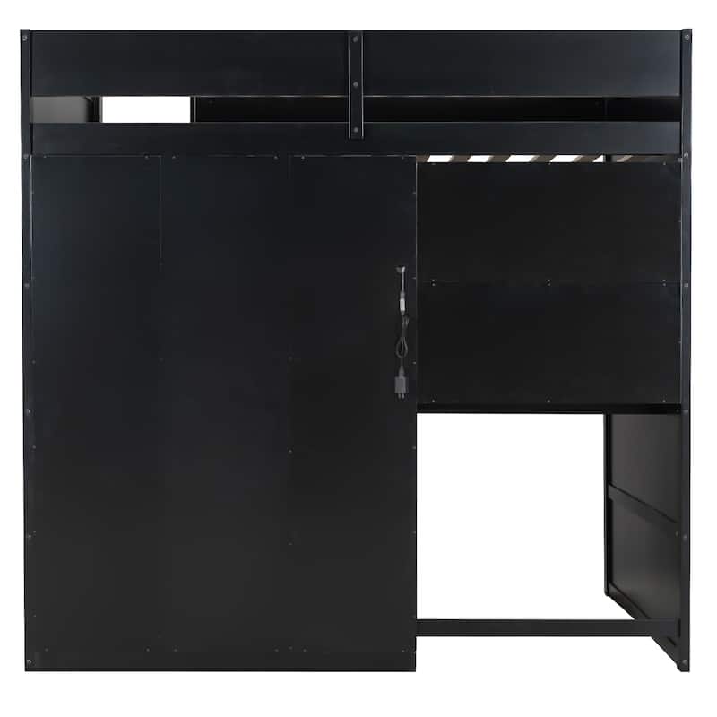 Full Size Wood Loft Bed with Desk,Open Wardrobe,Storage Compartments and RGB Lights