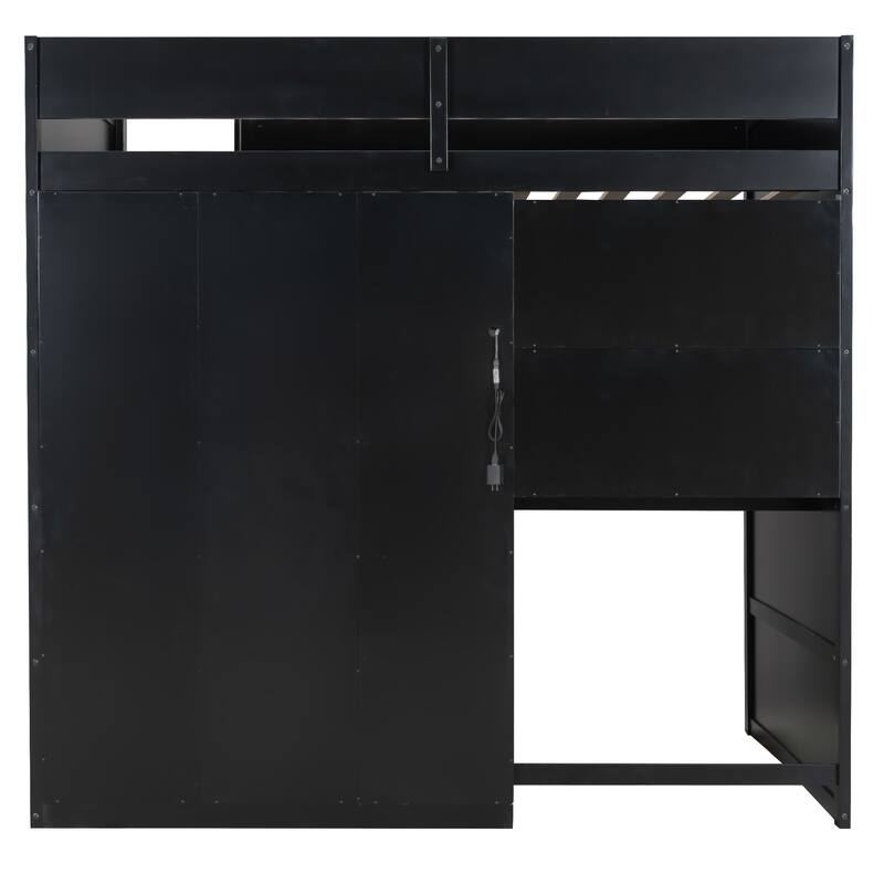 Roomfitters Full Size Loft Bed with Desk, Open Wardrobe Storage, and RGB Lighting