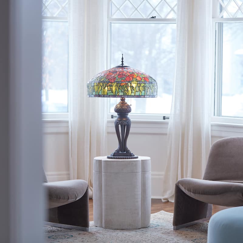 Tulip River of Goods Tiffany-Inspired Red and Green Stained Glass 33.25-Inch Table Lamp - 22" x 22" x 33.25"