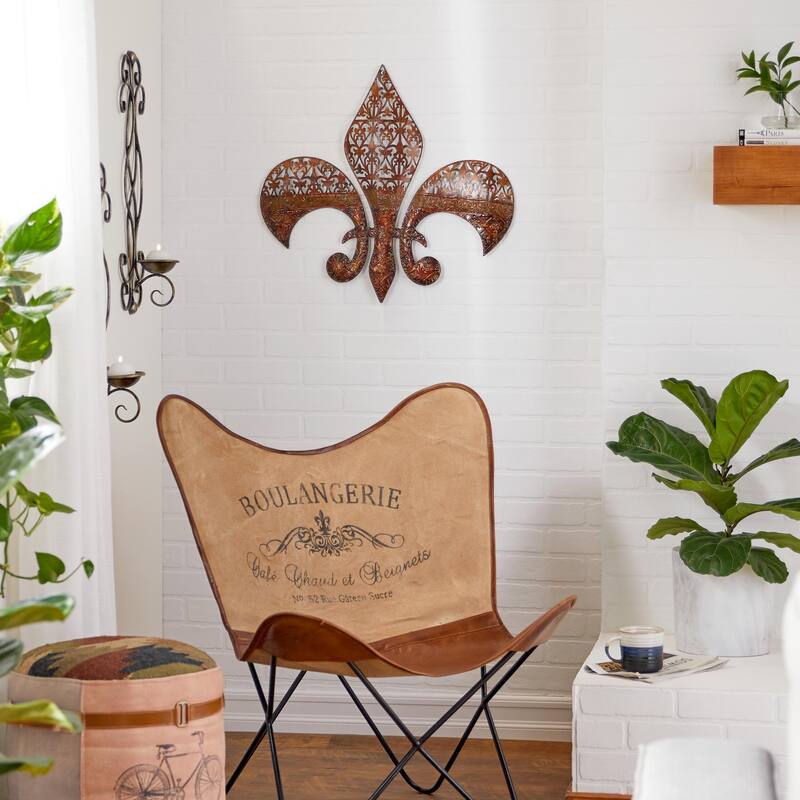 Metal Fleur De Lis Wall Decor with Perforated Details - Brown - Roche River Decor