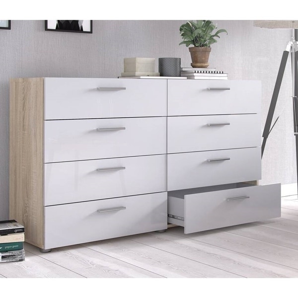 White Modern Bedroom 8 Drawer Double Dresser with Oak Finish Sides