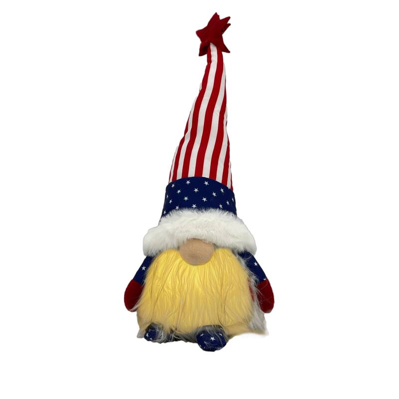 HomeRoots 14" Red White and Blue Fabric Standing Gnome Tabletop Sculpture With LED - 4.3' X '14' X '5.12
