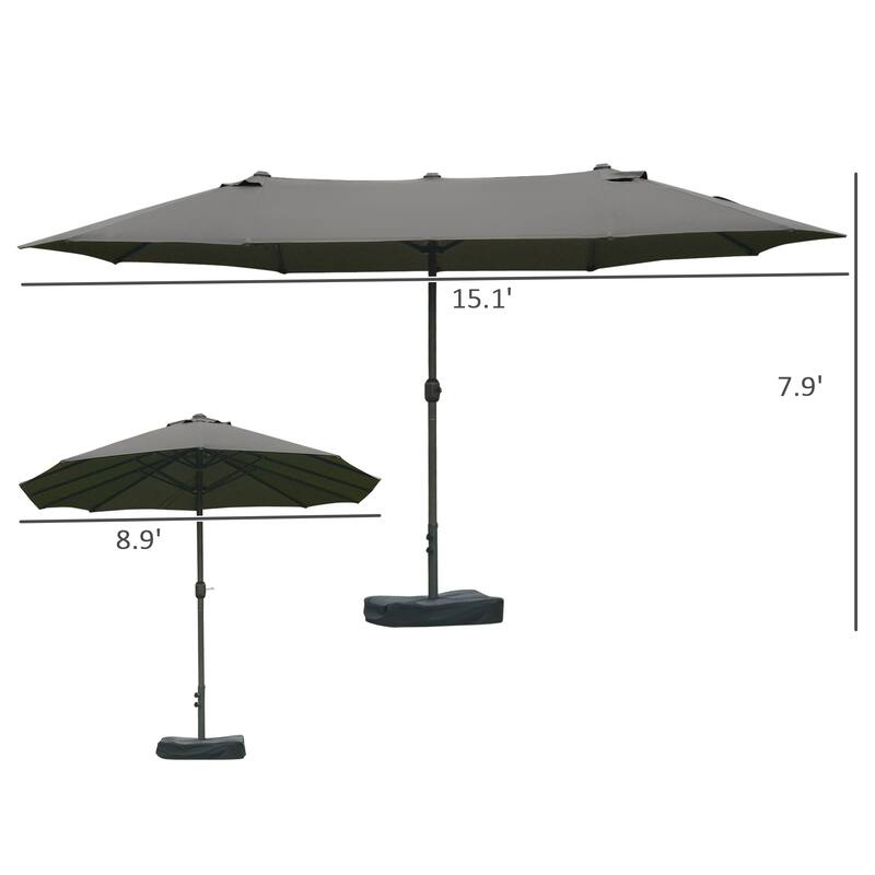 Outsunny Patio Umbrella 15' Steel Rectangular Outdoor Double Sided Market with base, UV Sun Protection & Easy Crank