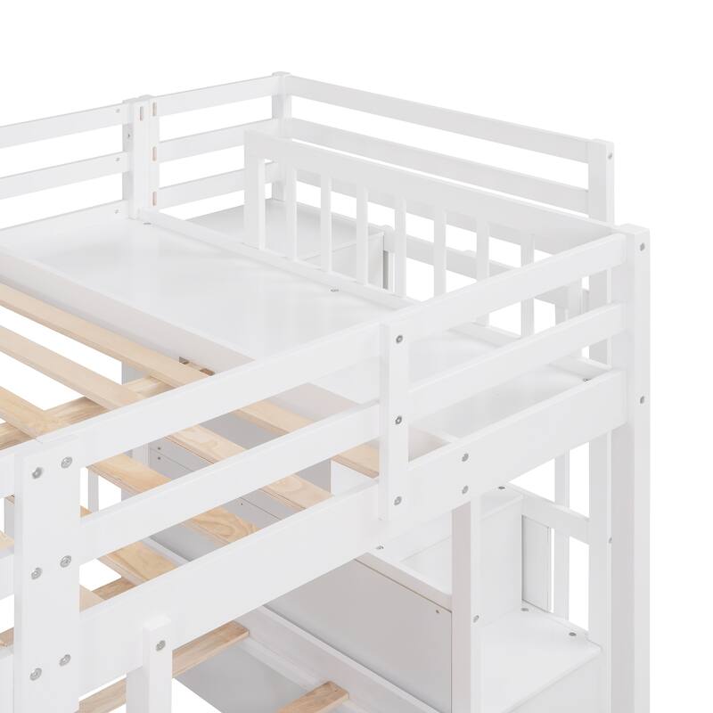 Roomfitters Full Over Twin and Twin Triple Bunk Bed with Storage Drawers, Staircase, White
